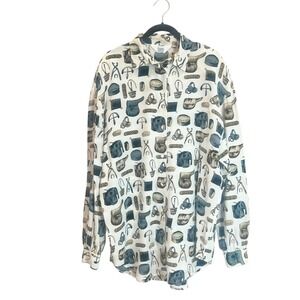 Ishyu Vintage‎ 100% Silk Equestrian Print Button Down Blouse Cream Size 10